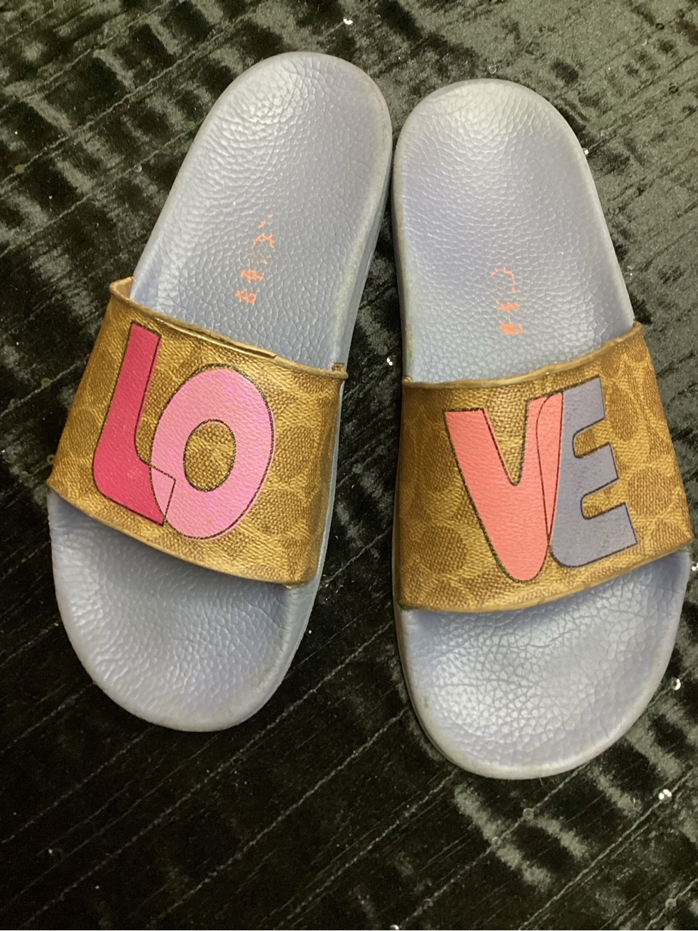 Coach Adele Pink and Gray “LOVE” Appliqué Slide Sandals 8